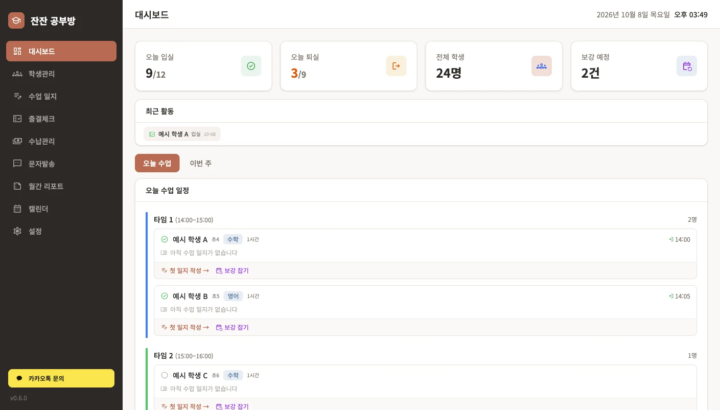 잔잔노트 대시보드. 오늘의 출결, 전체 학생, 보강과 수업 일정이 한 화면에 보입니다. 학생 정보와 수치는 촬영용 예시입니다.